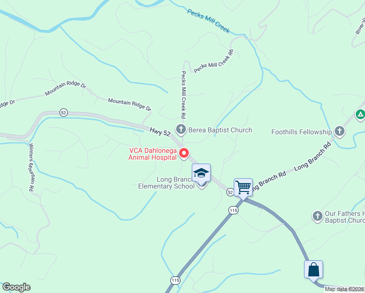 map of restaurants, bars, coffee shops, grocery stores, and more near 0 Pecks Mill Creek Road in Dahlonega