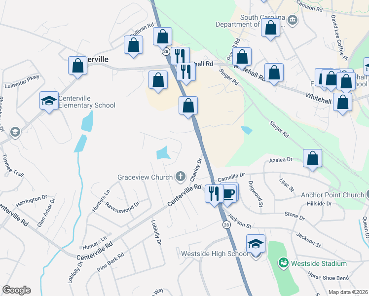 map of restaurants, bars, coffee shops, grocery stores, and more near 300 Ashwood Lane in Anderson