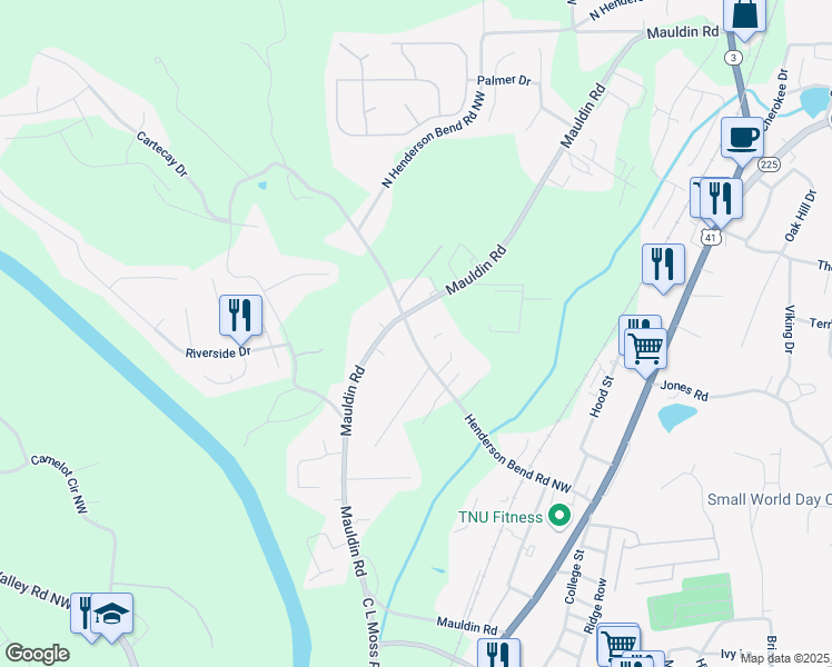 map of restaurants, bars, coffee shops, grocery stores, and more near 345 North Henderson Bend Road Northwest in Calhoun