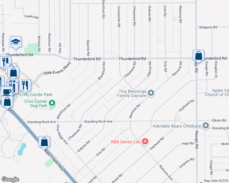 map of restaurants, bars, coffee shops, grocery stores, and more near 15111 Cheyenne Road in Apple Valley