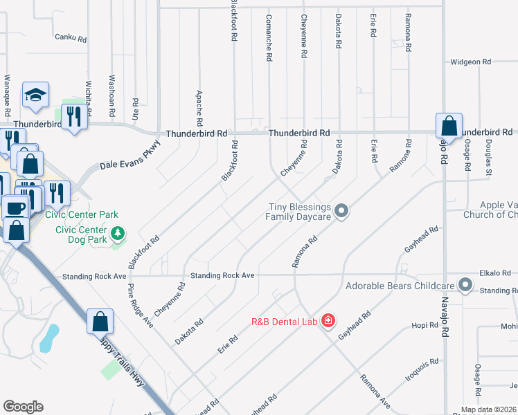 map of restaurants, bars, coffee shops, grocery stores, and more near 5 Cheyenne Road in Apple Valley