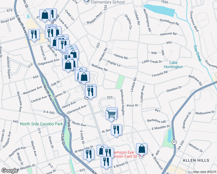 map of restaurants, bars, coffee shops, grocery stores, and more near 2104 Boulevard Heights in Anderson