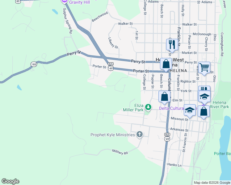 map of restaurants, bars, coffee shops, grocery stores, and more near 1209 Yorkshire Drive in Helena-West Helena