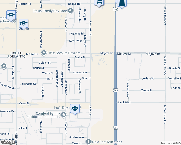 map of restaurants, bars, coffee shops, grocery stores, and more near Pearmain Street & Stockton Street in Adelanto