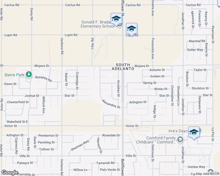 map of restaurants, bars, coffee shops, grocery stores, and more near 15158 Biltmore Street in Adelanto