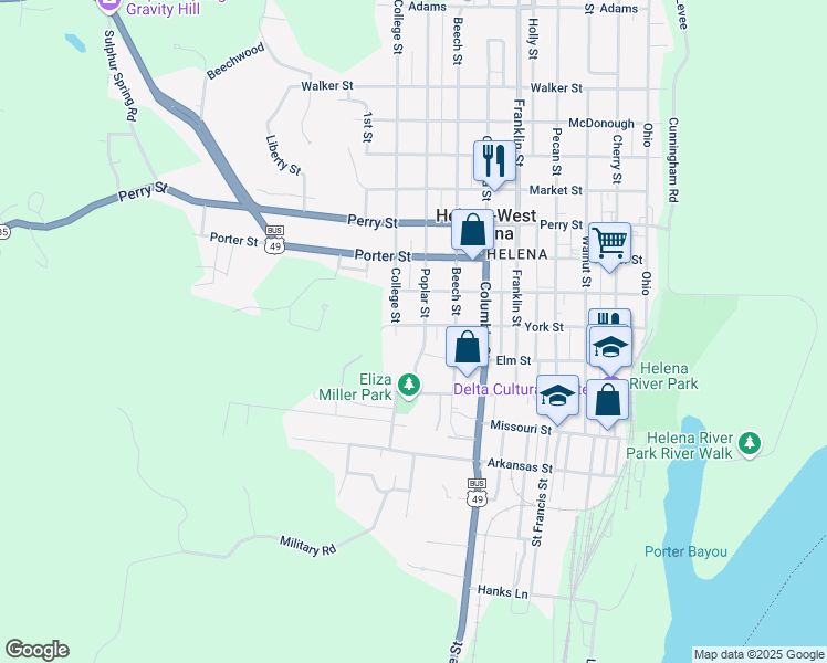 map of restaurants, bars, coffee shops, grocery stores, and more near 907 York Street in Helena-West Helena