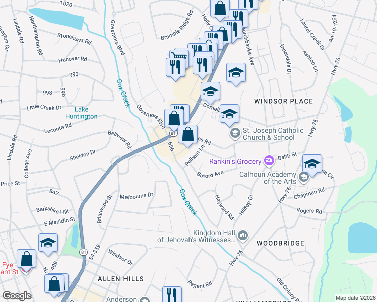 map of restaurants, bars, coffee shops, grocery stores, and more near 1520 East Greenville Street in Anderson