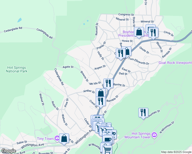 map of restaurants, bars, coffee shops, grocery stores, and more near 247 Glade Street in Hot Springs