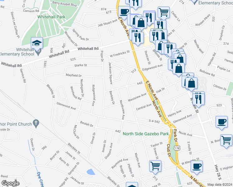 map of restaurants, bars, coffee shops, grocery stores, and more near 2413 Northview Avenue in Anderson