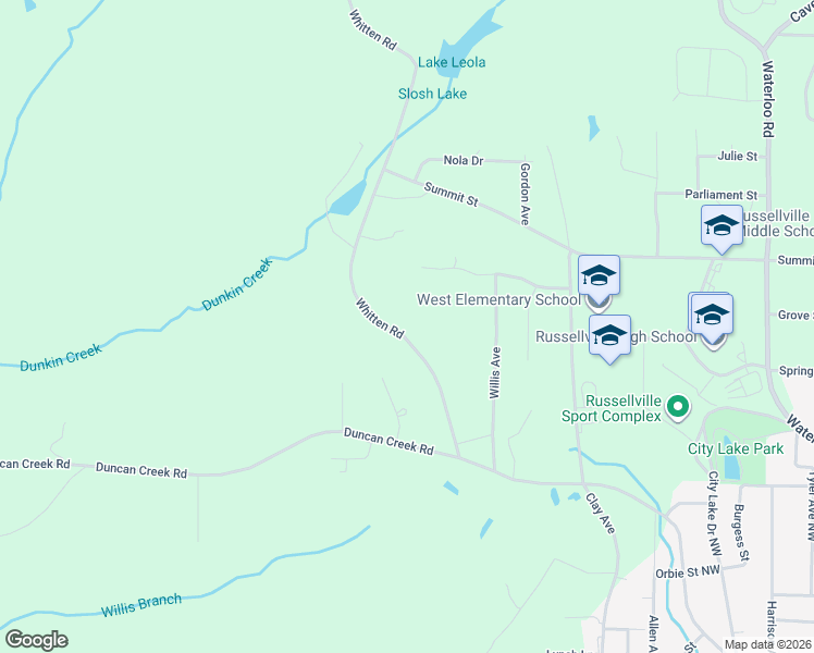 map of restaurants, bars, coffee shops, grocery stores, and more near 1-589 Whitten Road in Russellville