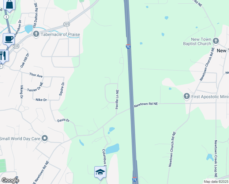 map of restaurants, bars, coffee shops, grocery stores, and more near 198 Iracille Lane Northeast in Calhoun