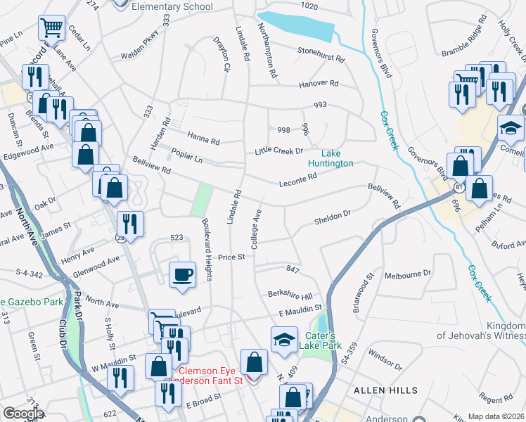map of restaurants, bars, coffee shops, grocery stores, and more near 2702 Bellview Road in Anderson