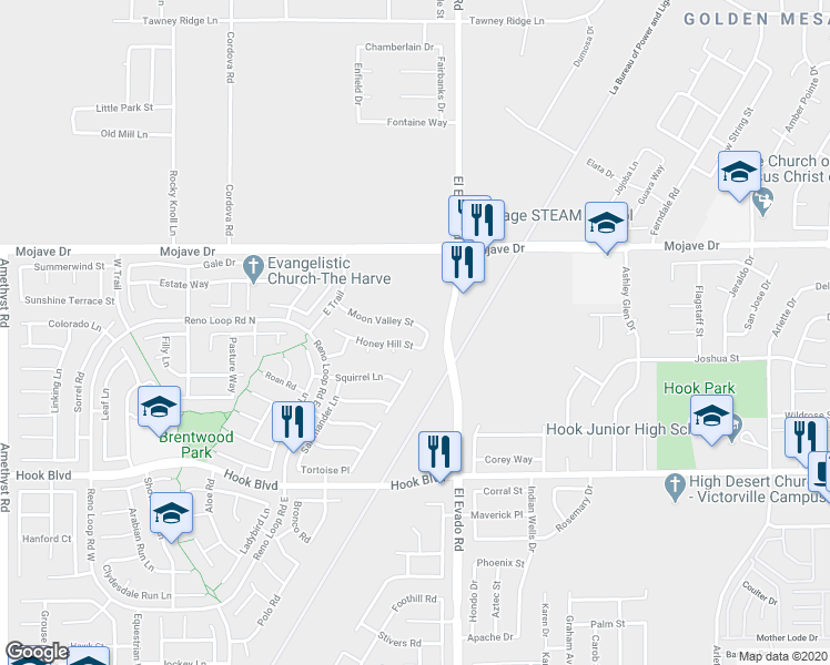 map of restaurants, bars, coffee shops, grocery stores, and more near 14495 Moon Valley Street in Victorville