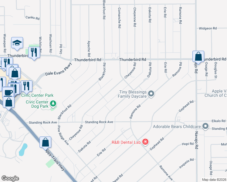 map of restaurants, bars, coffee shops, grocery stores, and more near 15111 Cheyenne Road in Apple Valley