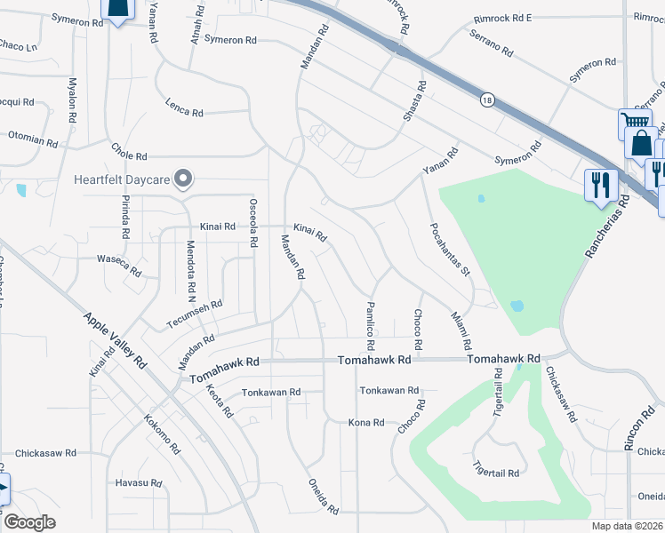 map of restaurants, bars, coffee shops, grocery stores, and more near 19453 Kinai Road in Apple Valley
