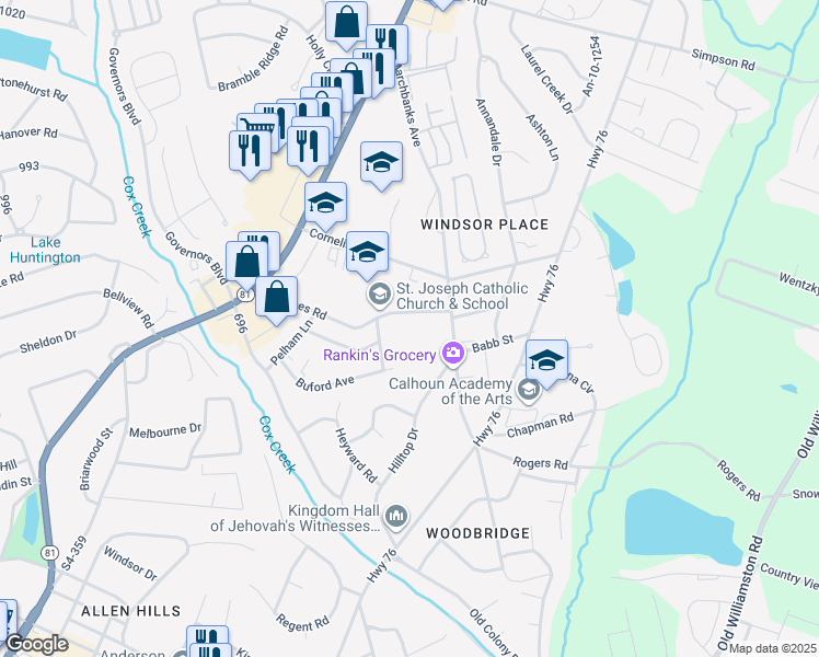 map of restaurants, bars, coffee shops, grocery stores, and more near 1304 Mc Lees Road in Anderson