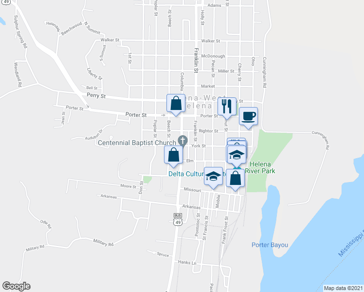 map of restaurants, bars, coffee shops, grocery stores, and more near Columbia St & York St in Helena-West Helena