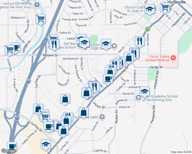 map of restaurants, bars, coffee shops, grocery stores, and more near 15031 Tatum Road in Victorville