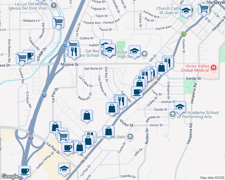 map of restaurants, bars, coffee shops, grocery stores, and more near 1504 Del Rey Drive in Victorville