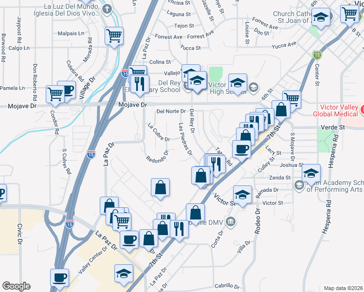 map of restaurants, bars, coffee shops, grocery stores, and more near 15120 Las Piedras Drive in Victorville