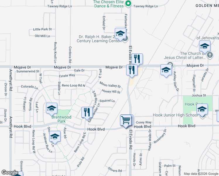 map of restaurants, bars, coffee shops, grocery stores, and more near 14432 Honey Hill Street in Victorville