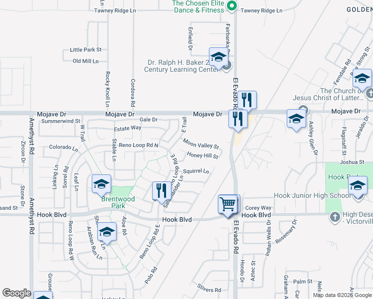 map of restaurants, bars, coffee shops, grocery stores, and more near 14391 Castle Peaks Street in Victorville
