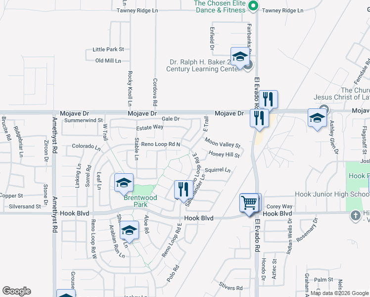 map of restaurants, bars, coffee shops, grocery stores, and more near 15119 Brown Lane in Victorville