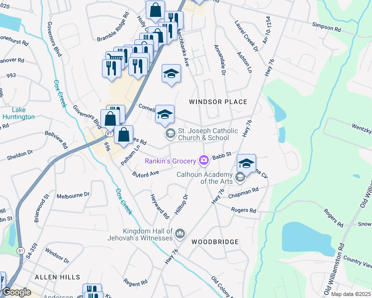 map of restaurants, bars, coffee shops, grocery stores, and more near 1304 Mc Lees Road in Anderson