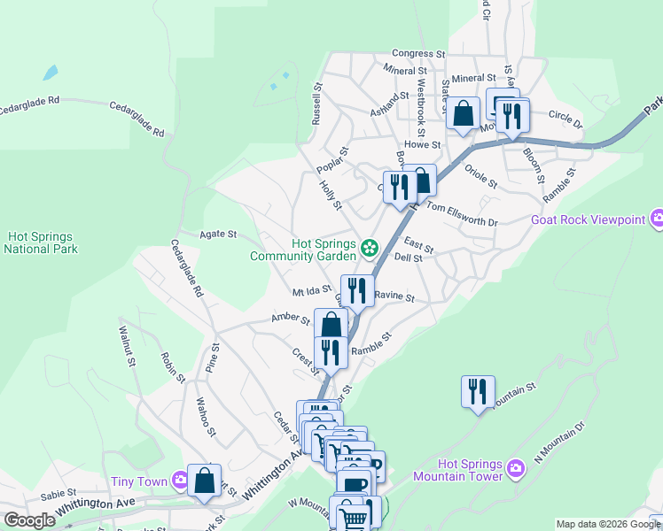 map of restaurants, bars, coffee shops, grocery stores, and more near 241 Glade Street in Hot Springs