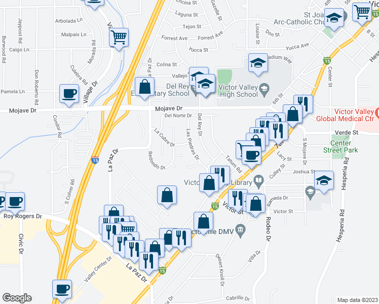 map of restaurants, bars, coffee shops, grocery stores, and more near 15120 Las Piedras Drive in Victorville