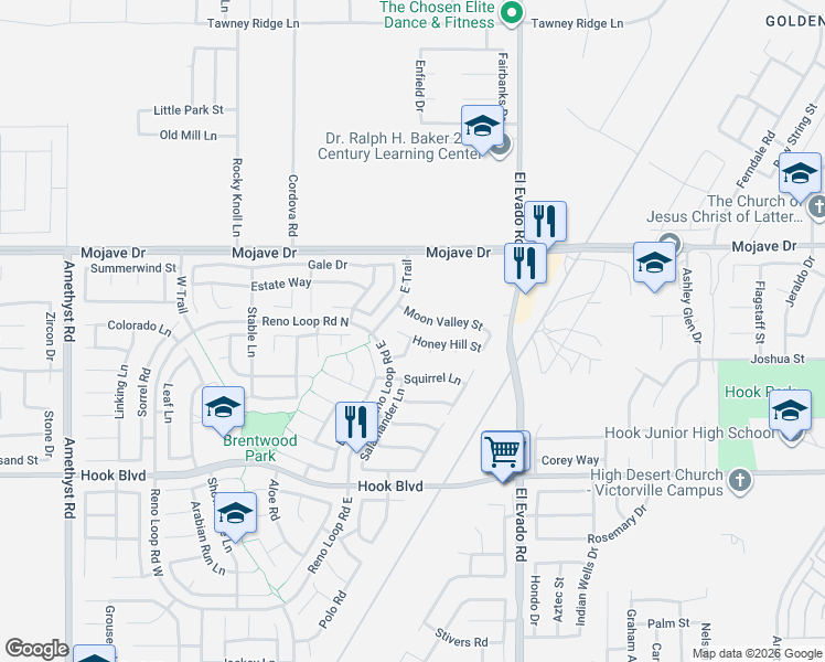 map of restaurants, bars, coffee shops, grocery stores, and more near 14344 Honey Hill Street in Victorville