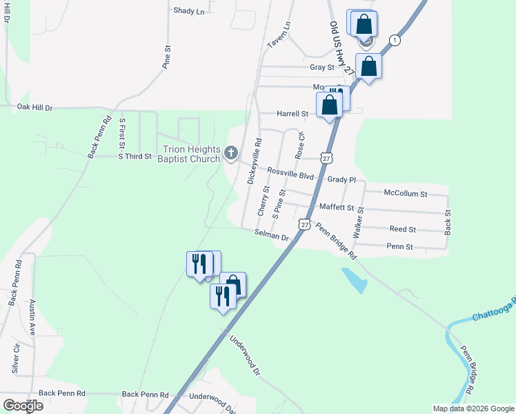 map of restaurants, bars, coffee shops, grocery stores, and more near 58 Cherry Street in Trion