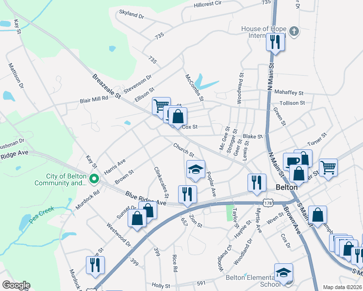 map of restaurants, bars, coffee shops, grocery stores, and more near 111 Church Street in Belton