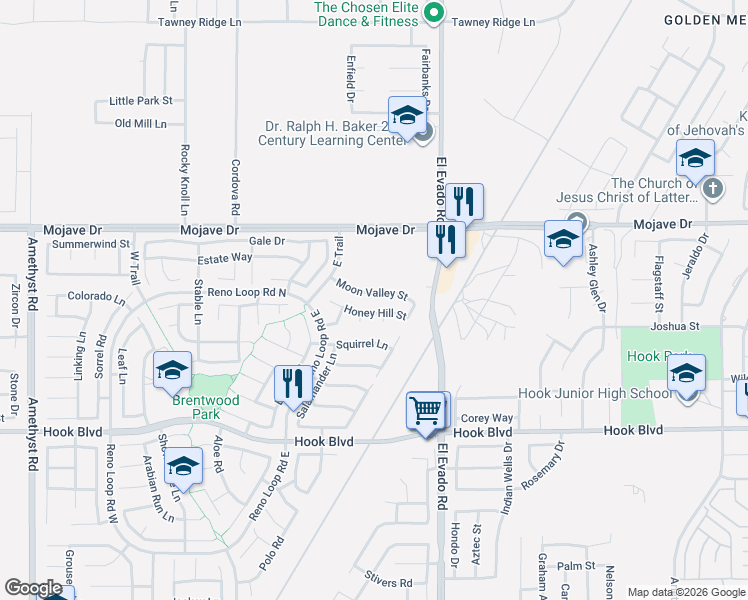 map of restaurants, bars, coffee shops, grocery stores, and more near 14432 Honey Hill Street in Victorville