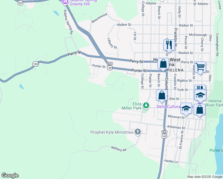 map of restaurants, bars, coffee shops, grocery stores, and more near 1209 Yorkshire Drive in Helena-West Helena