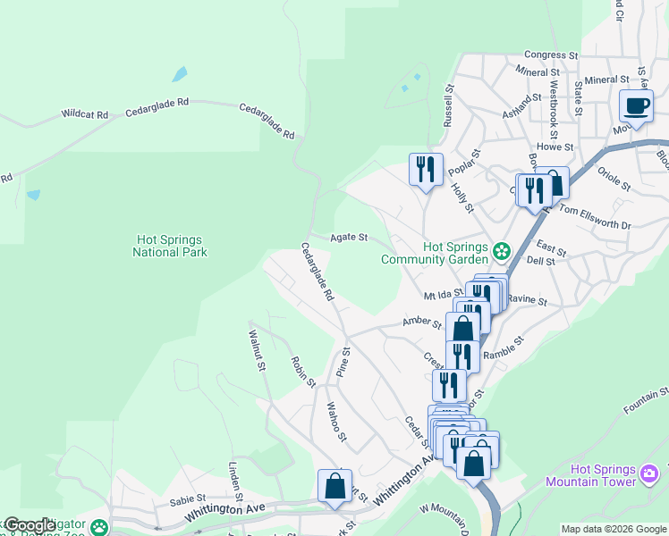 map of restaurants, bars, coffee shops, grocery stores, and more near 123 Cedarglade Road in Hot Springs