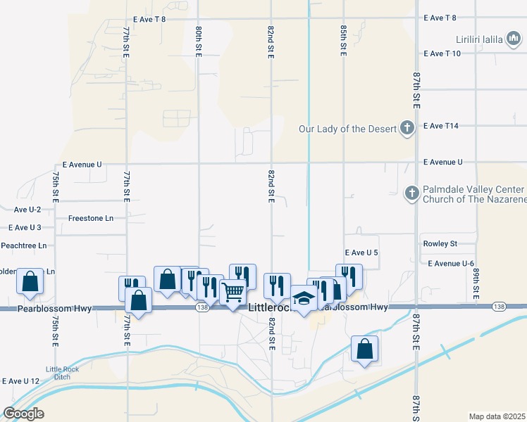map of restaurants, bars, coffee shops, grocery stores, and more near 35455 82nd Street East in Littlerock