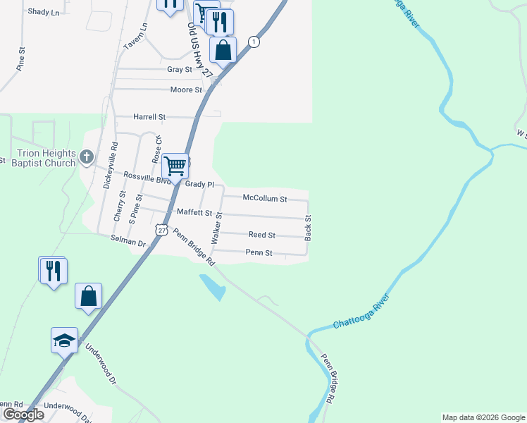 map of restaurants, bars, coffee shops, grocery stores, and more near 346 Maffett Street in Trion