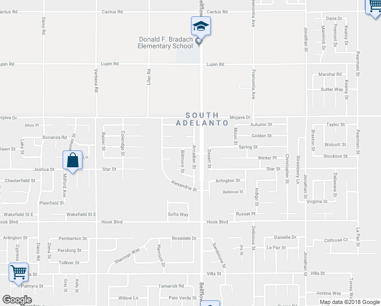 map of restaurants, bars, coffee shops, grocery stores, and more near 15166 Arcadian Street in Adelanto