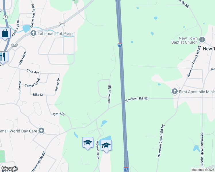 map of restaurants, bars, coffee shops, grocery stores, and more near 198 Iracille Lane Northeast in Calhoun