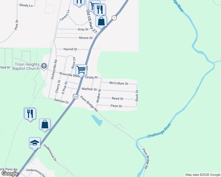map of restaurants, bars, coffee shops, grocery stores, and more near 254 Maffett Street in Trion