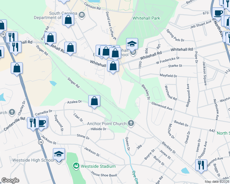 map of restaurants, bars, coffee shops, grocery stores, and more near 107 Service Road in Anderson