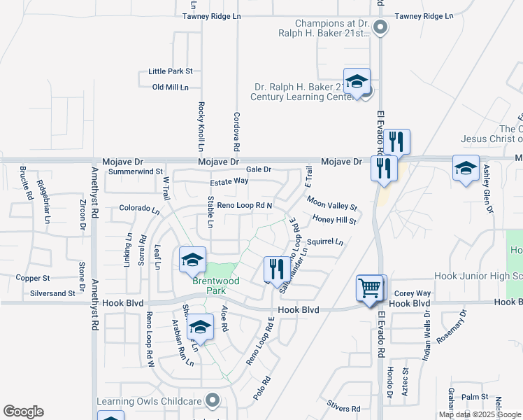 map of restaurants, bars, coffee shops, grocery stores, and more near 14172 Paddock Road in Victorville