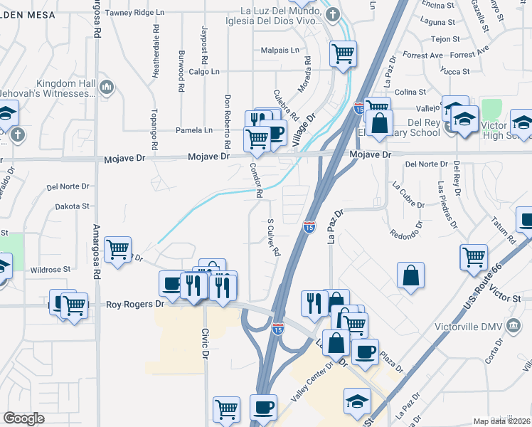 map of restaurants, bars, coffee shops, grocery stores, and more near 15144 South Culver Road in Victorville