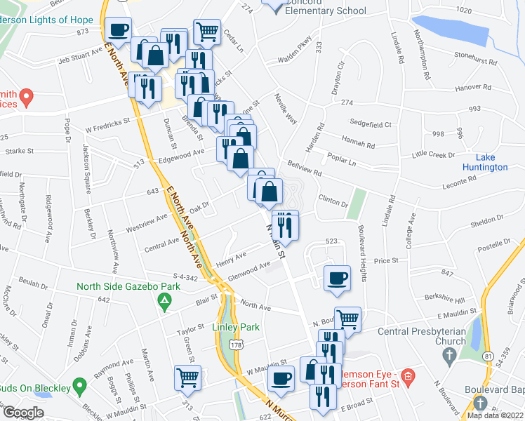 map of restaurants, bars, coffee shops, grocery stores, and more near Highway 28 South in Anderson