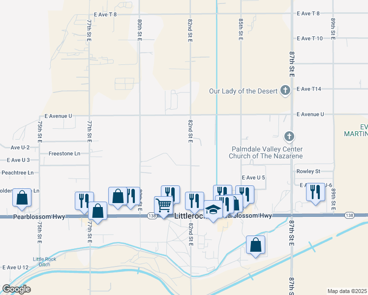 map of restaurants, bars, coffee shops, grocery stores, and more near 35455 82nd Street East in Littlerock