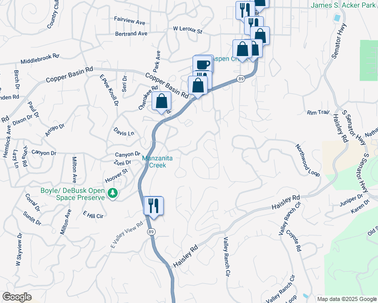 map of restaurants, bars, coffee shops, grocery stores, and more near 1045 Hyland Circle in Prescott