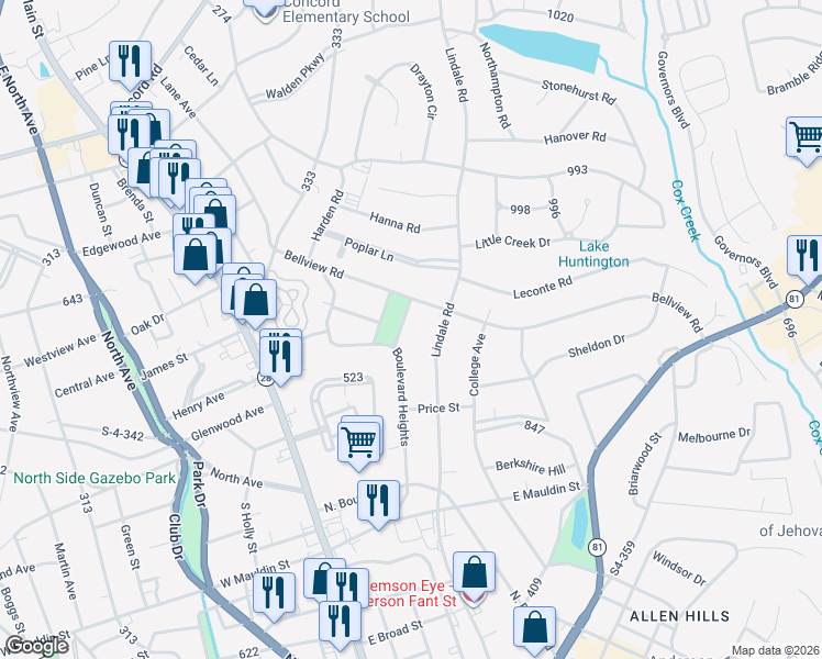 map of restaurants, bars, coffee shops, grocery stores, and more near 2004 Brookview Drive in Anderson