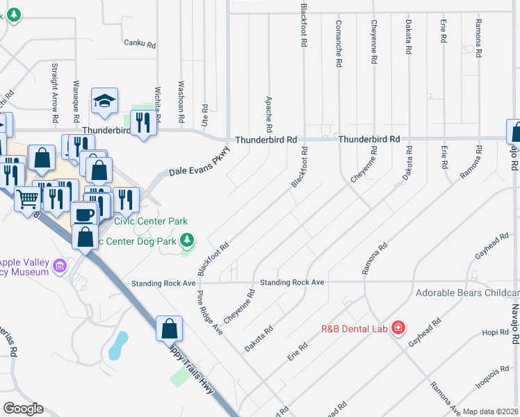 map of restaurants, bars, coffee shops, grocery stores, and more near 15100 Blackfoot Road in Apple Valley