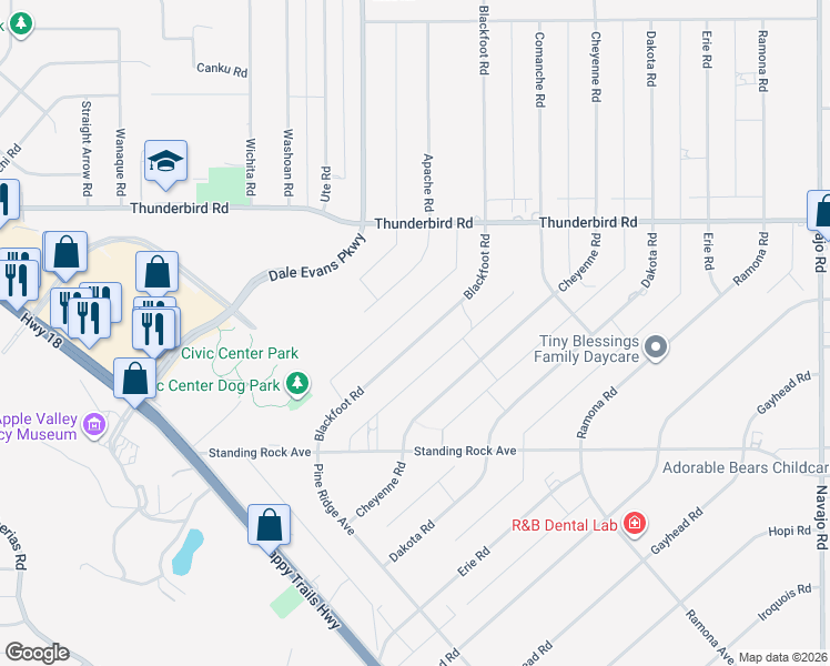map of restaurants, bars, coffee shops, grocery stores, and more near 15100 Blackfoot Road in Apple Valley